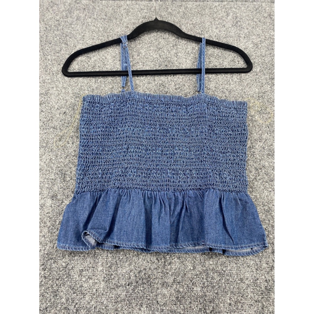 Haute Monde Smocked Peplum Cami Top Womens Large Blue Denim Look Cami New NWT